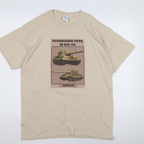 Gildan Men's Beige Army T-Shirt L Heavyweight