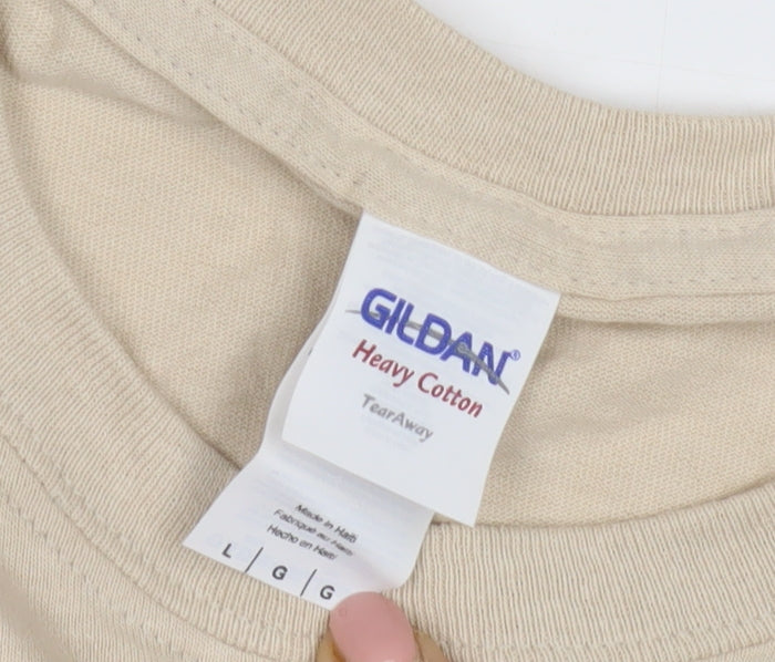 Gildan Men's Beige Army T-Shirt L Heavyweight