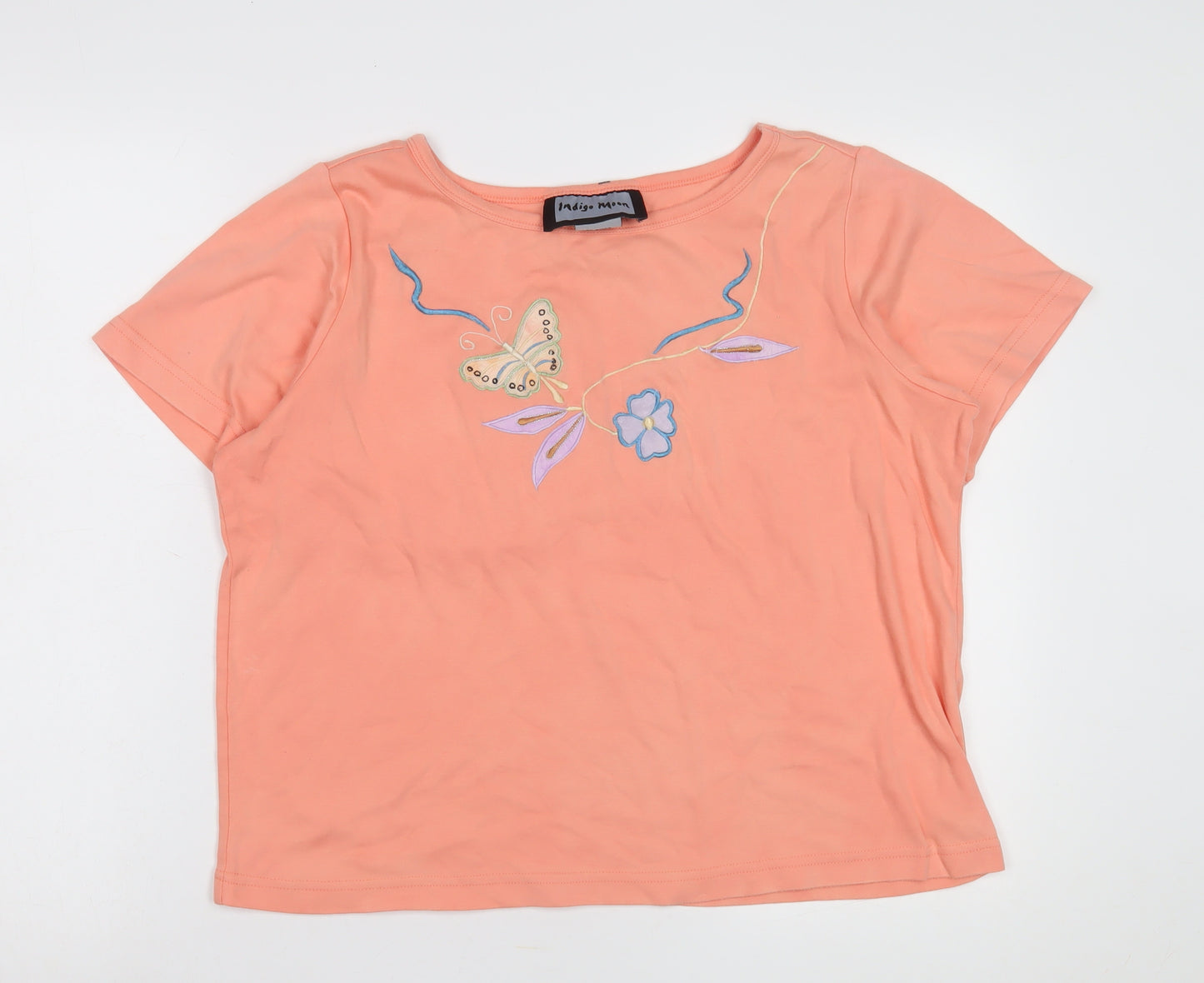 Indigo Moon Women's Orange T-Shirt, Size L, Embroidered