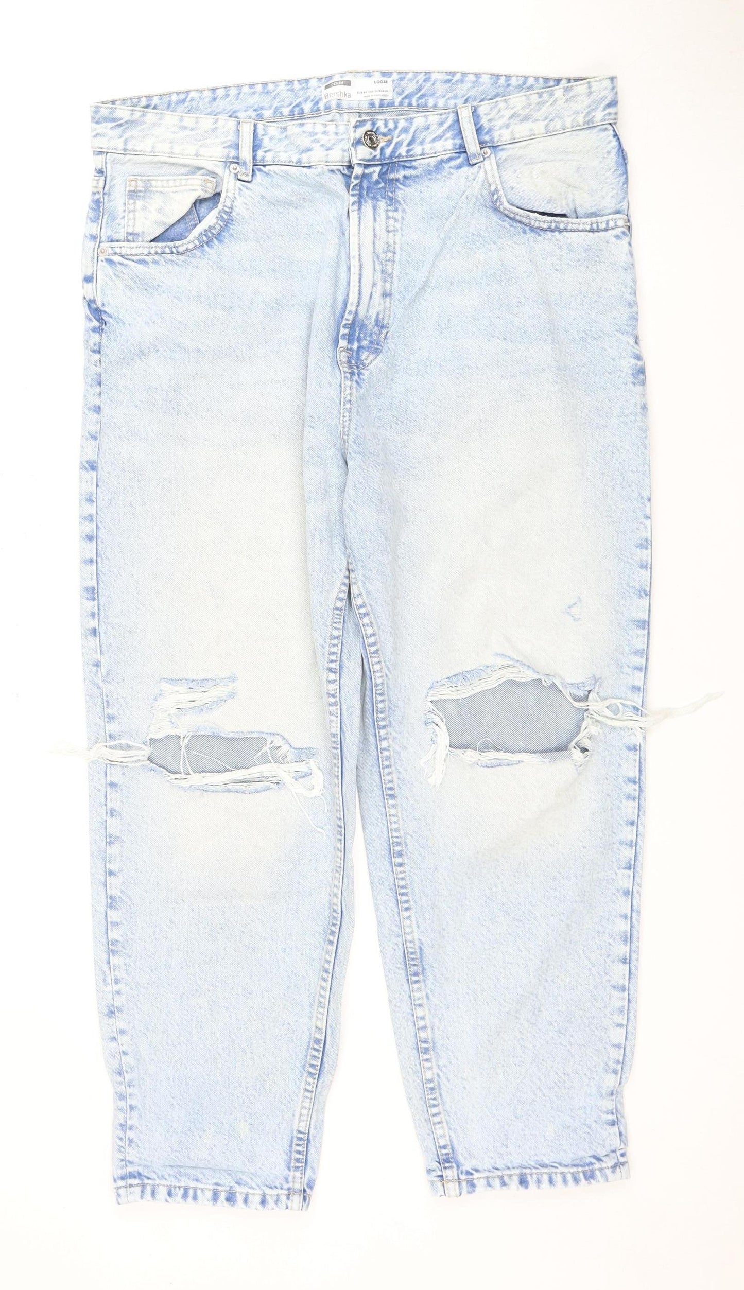 Bershka Women's Blue Loose Fit Distressed Jeans Size 16