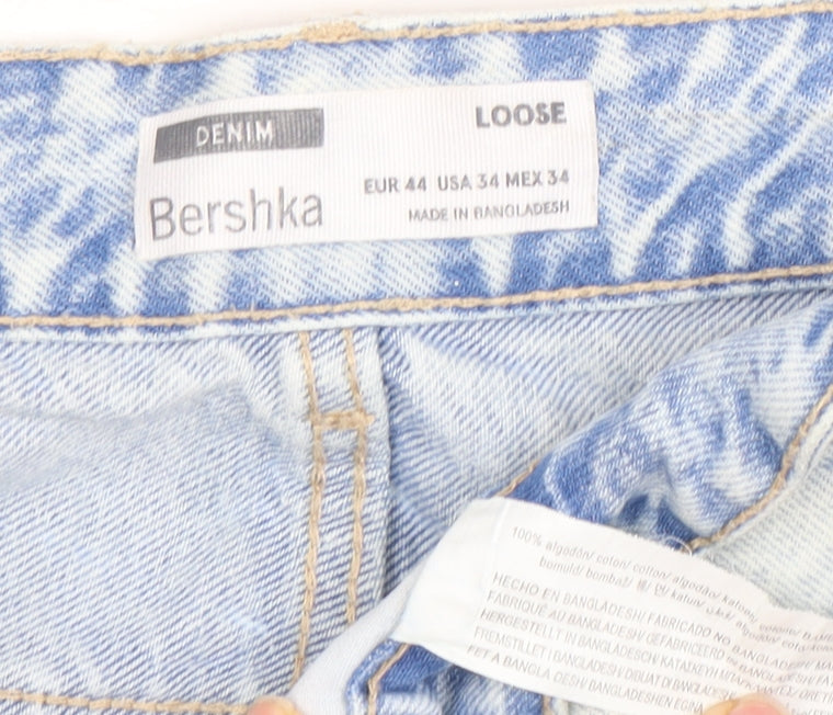 Bershka Women's Blue Loose Fit Distressed Jeans Size 16