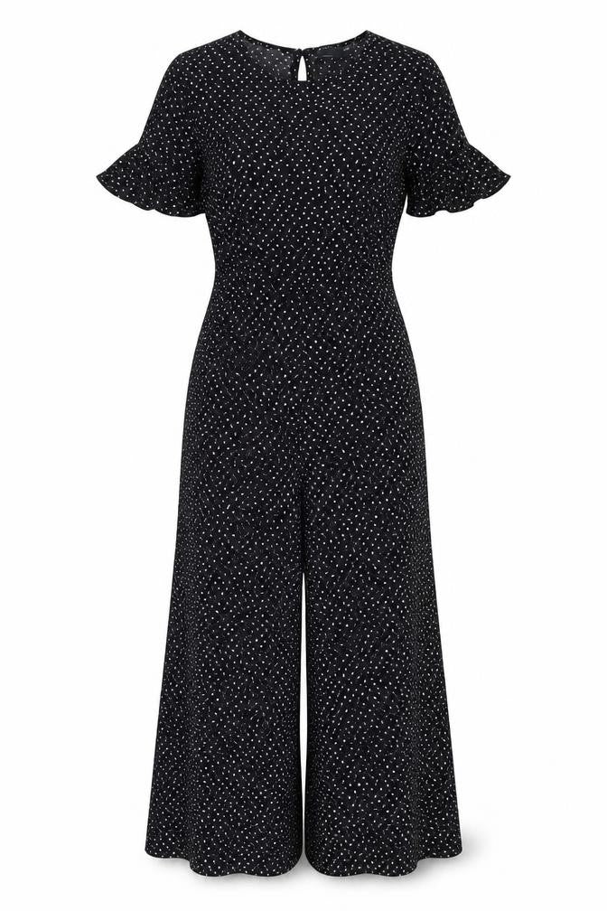 Front view of ASOS Design Women's Black Polka Dot Jumpsuit, size 8