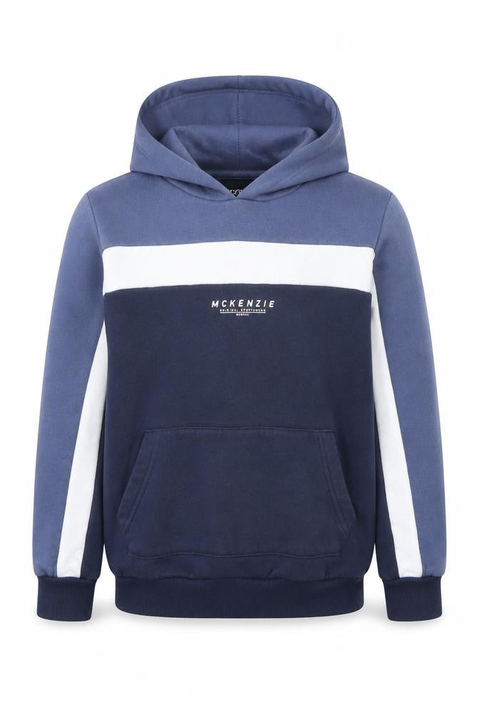 Front view of McKenzie boys’ blue pullover hoodie m logo colourblock style