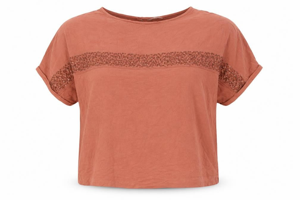 Front view of Next Women's Brown Beaded Short Sleeve Top, size 18