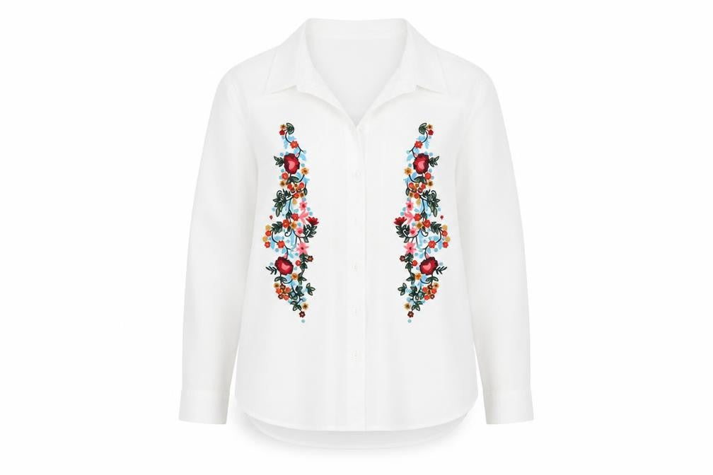 Front view of Klass Women's White Embroidered Button-Up Shirt