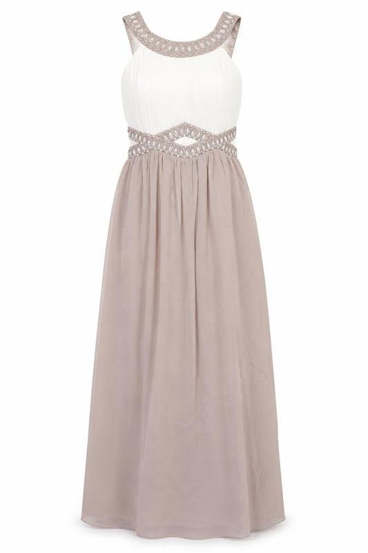 Front view of Quiz Women's Ivory Maxi Dress, size 6, Beaded Halter