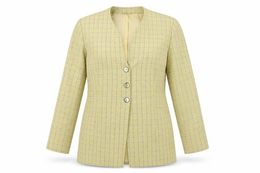 Front view of Jacques Vert Women's Yellow Blazer, size 12, Check Pattern
