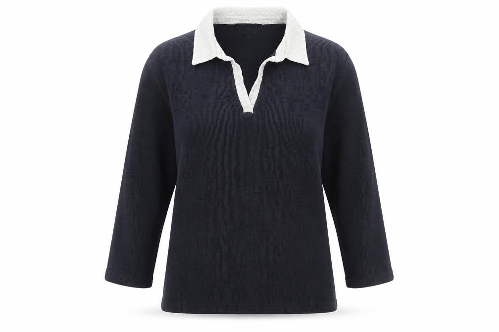 Front view of Viyella unisex blue 3/4 sleeve polo shirt, m