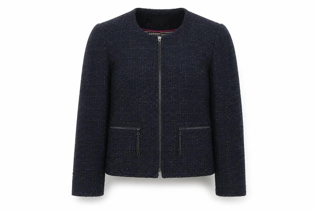 Front view of Next Women's Blue Tweed Jacket Zip Detail
