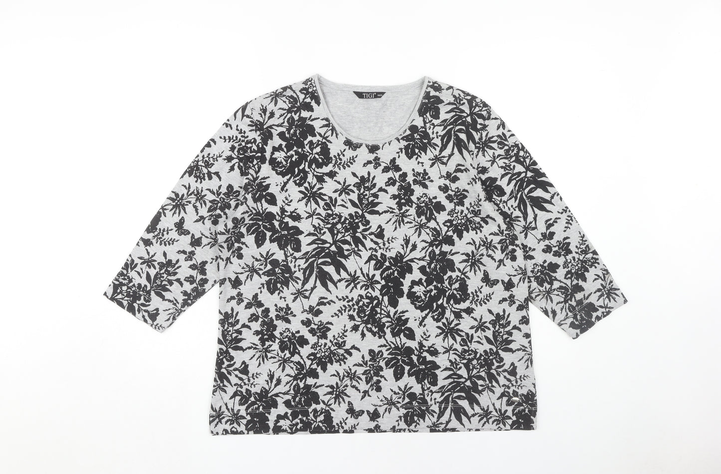 TIGI Women's Grey Floral 3/4 Sleeve T-Shirt Size 18
