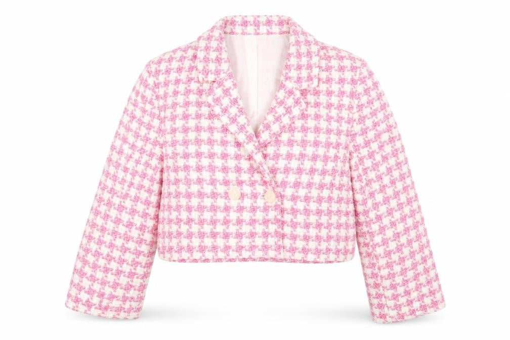 Front view of Zara girls’ pink cropped houndstooth jacket 9 years
