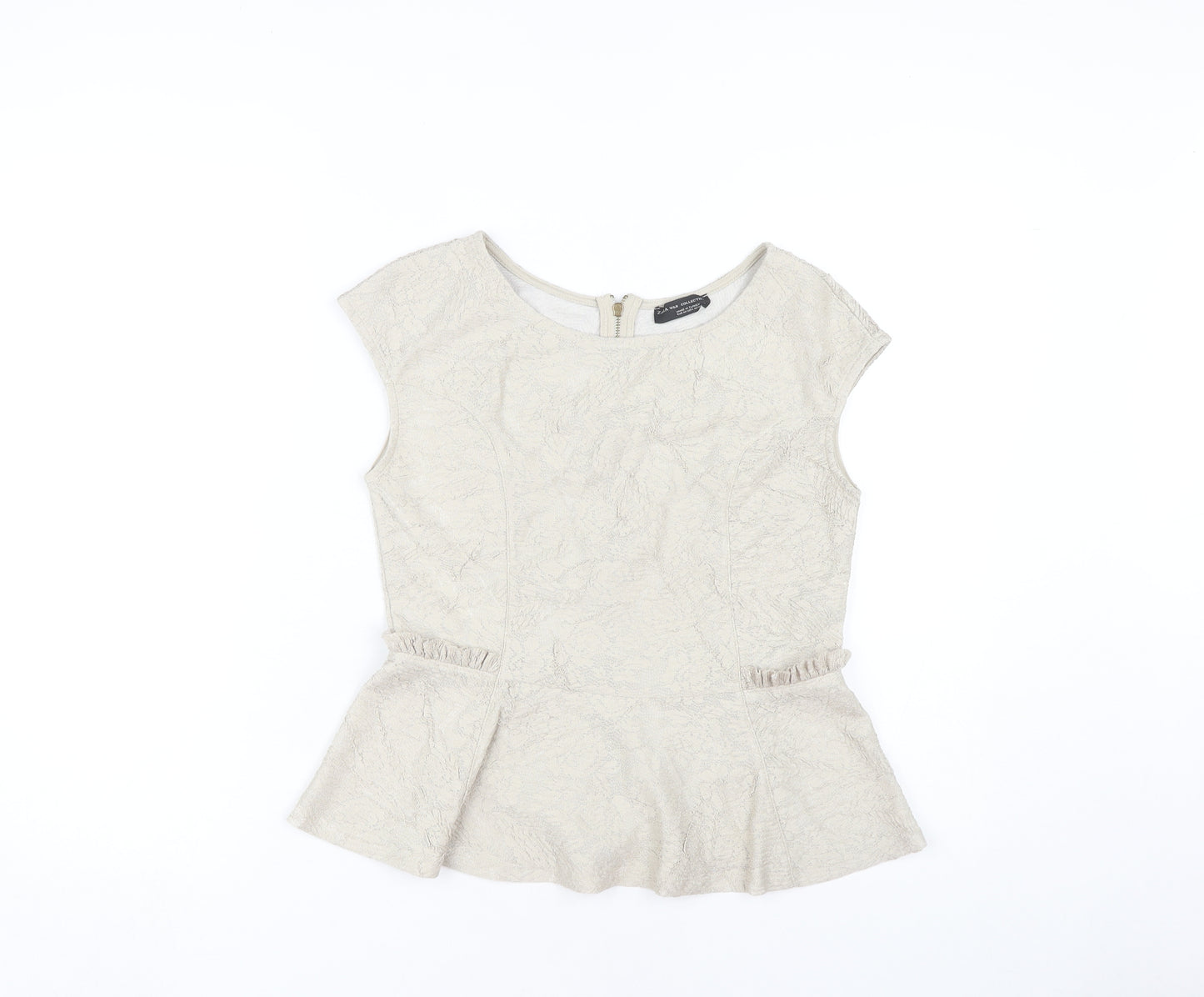 Zara Women Beige Blouse Cap Sleeve Round Neck