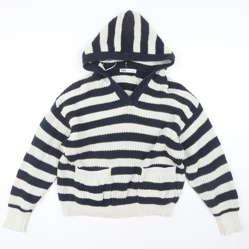 Zara Women's M Black Striped Hooded Pullover Jumper