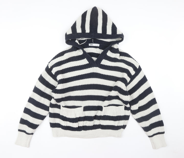Zara Women's M Black Striped Hooded Pullover Jumper