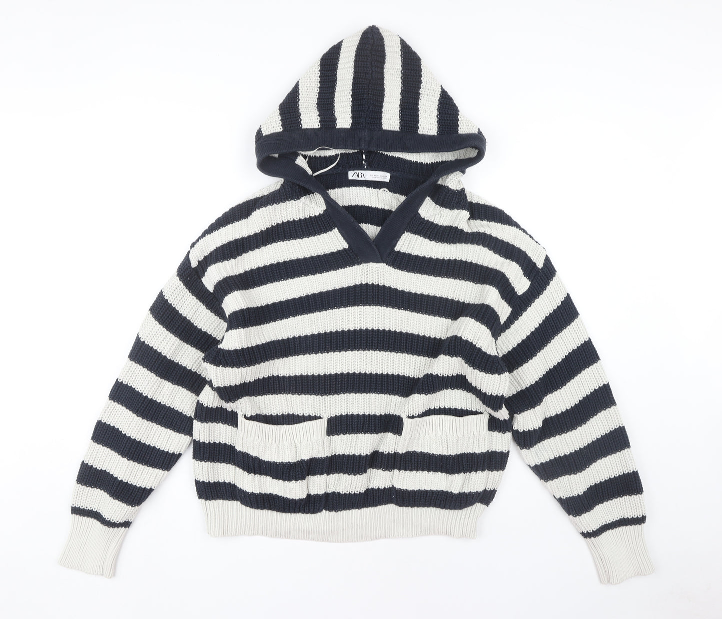 Zara Women's M Black Striped Hooded Pullover Jumper