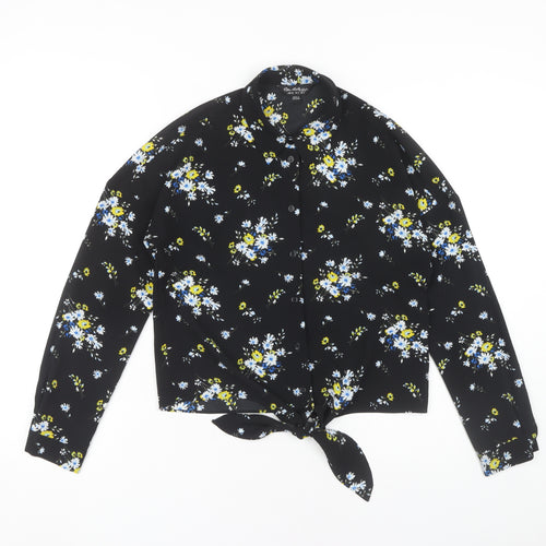 Miss Selfridge Floral Button-Up Shirt, Black, Size 8