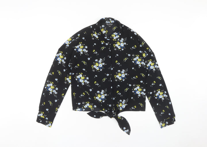 Miss Selfridge Floral Button-Up Shirt, Black, Size 8