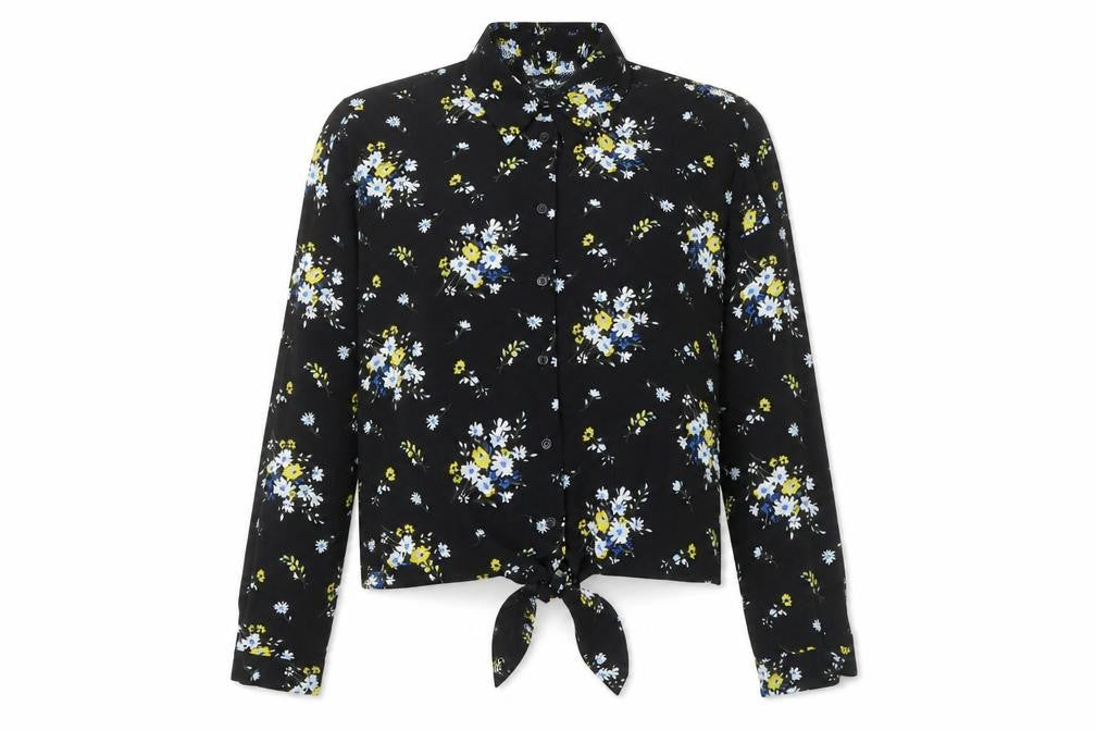 Front view of Miss Selfridge Floral Button-Up Shirt, Black, size 8