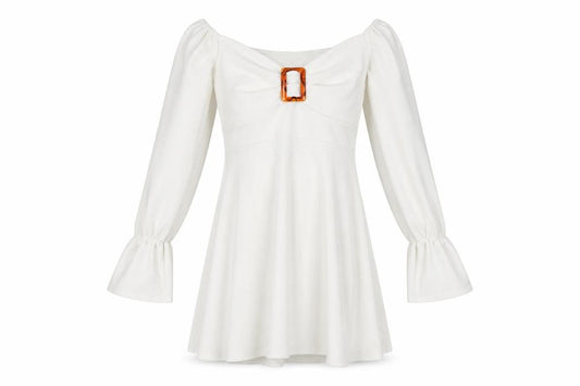 Front view of Boohoo White A-Line Dress -, size 10, Elegant Style