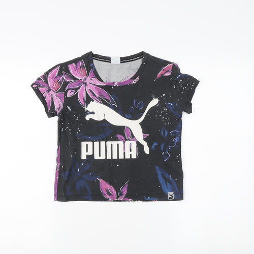 Puma Teens Black Floral T-Shirt, Size 8, Casual Crew Neck