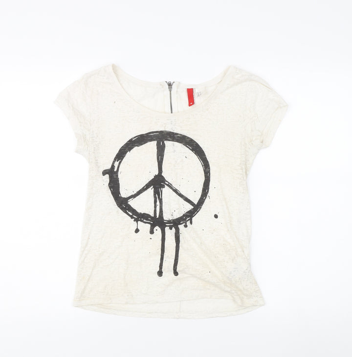 Women's White Crew Neck T-Shirt with Zip Accent - Size 6