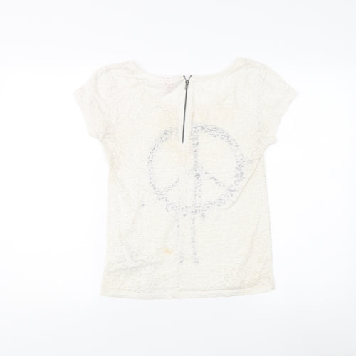Women's White Crew Neck T-Shirt with Zip Accent - Size 6