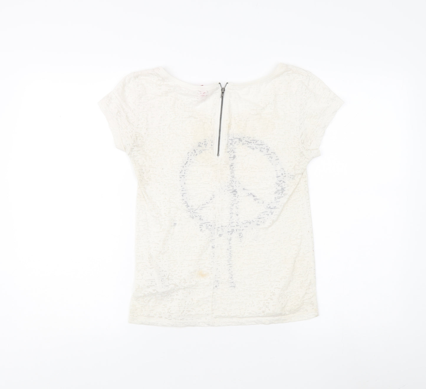 Women's White Crew Neck T-Shirt with Zip Accent - Size 6