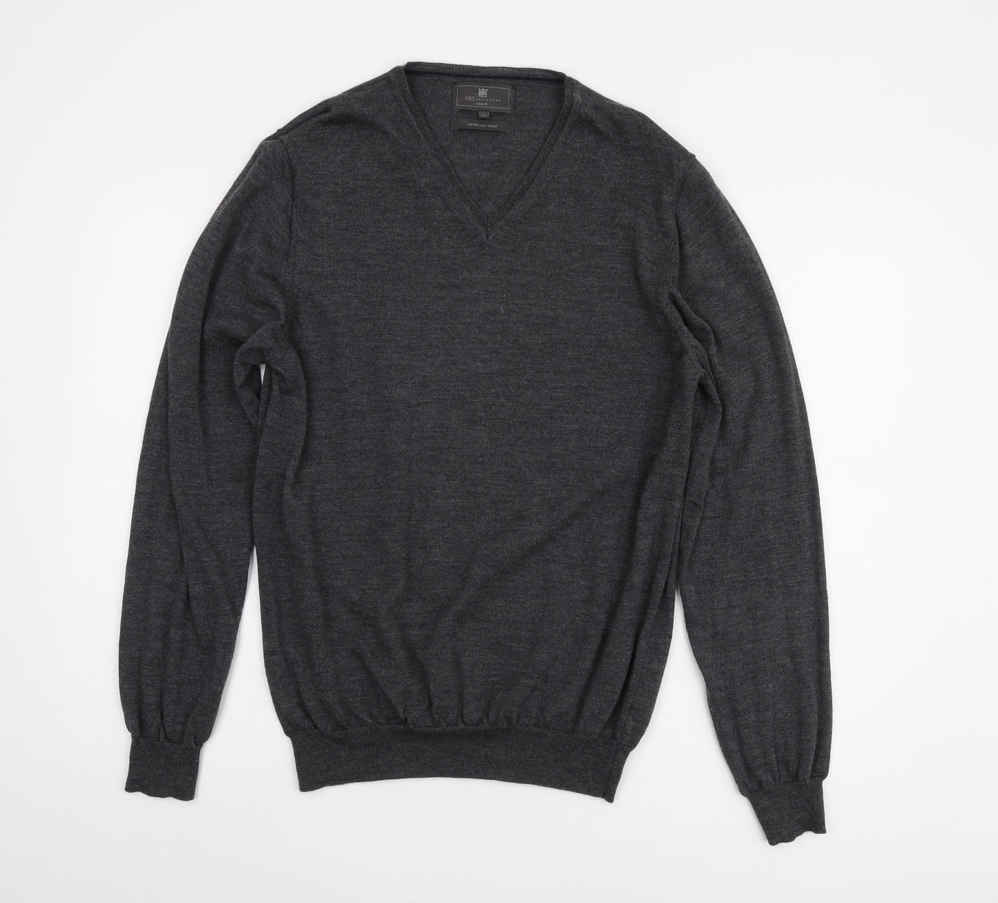 Marks and Spencer Men's Grey Slim Fit V-Neck Jumper L