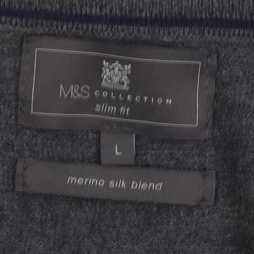 Marks and Spencer Men's Grey Slim Fit V-Neck Jumper L