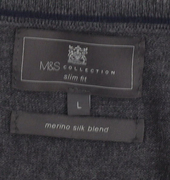 Marks and Spencer Men's Grey Slim Fit V-Neck Jumper L
