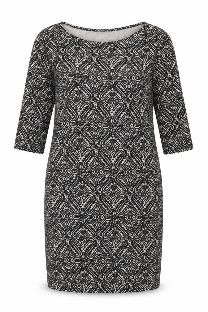 Front view of River Island Women's Black Geometric Sheath Dress, size 16