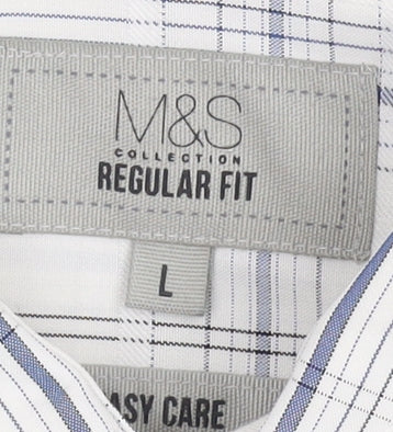 Marks and Spencer Men's White Plaid Button-Up Shirt L