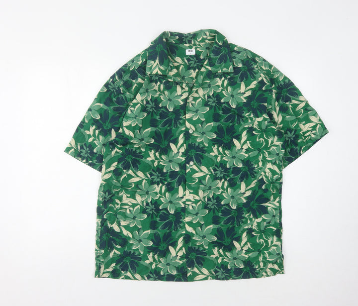 UNIQLO Men's Green Floral Short Sleeve Shirt S