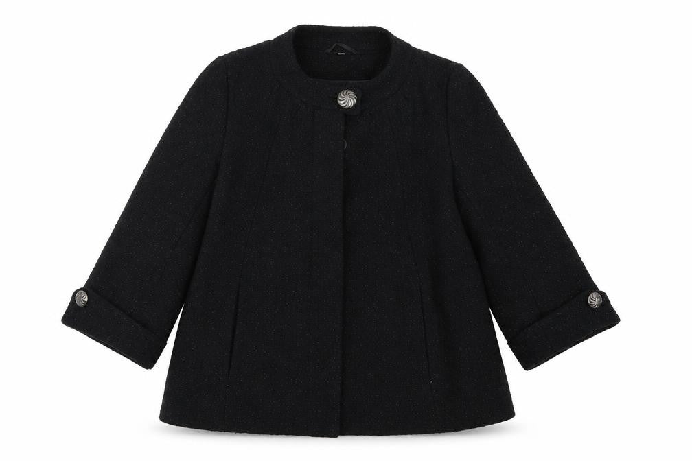 Front view of Klass Collection Women's Black Mid-Length Coat 3/4 Sleeve