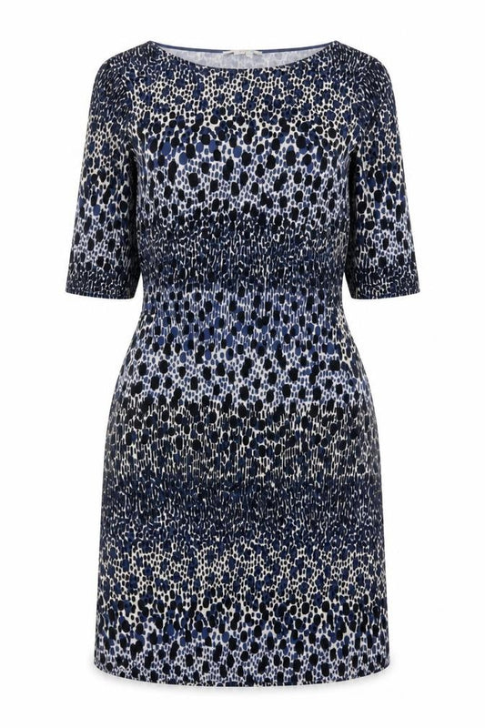 Front view of Boden Women Blue Animal Print Dress, size 12