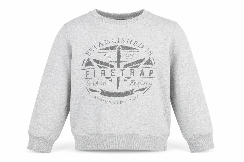 Front view of Firetrap boys’ grey logo sweatshirt 9-10 years pullover crew