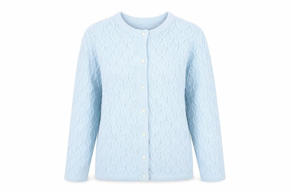 Front view of Honor Millburn Women's Blue Cable-Knit Cardigan, size S