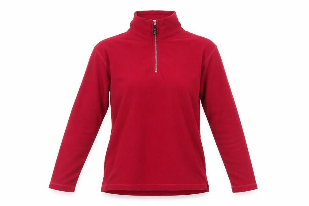Front view of Champion unisex red fleece sweatshirt, size S, 1/2 zip