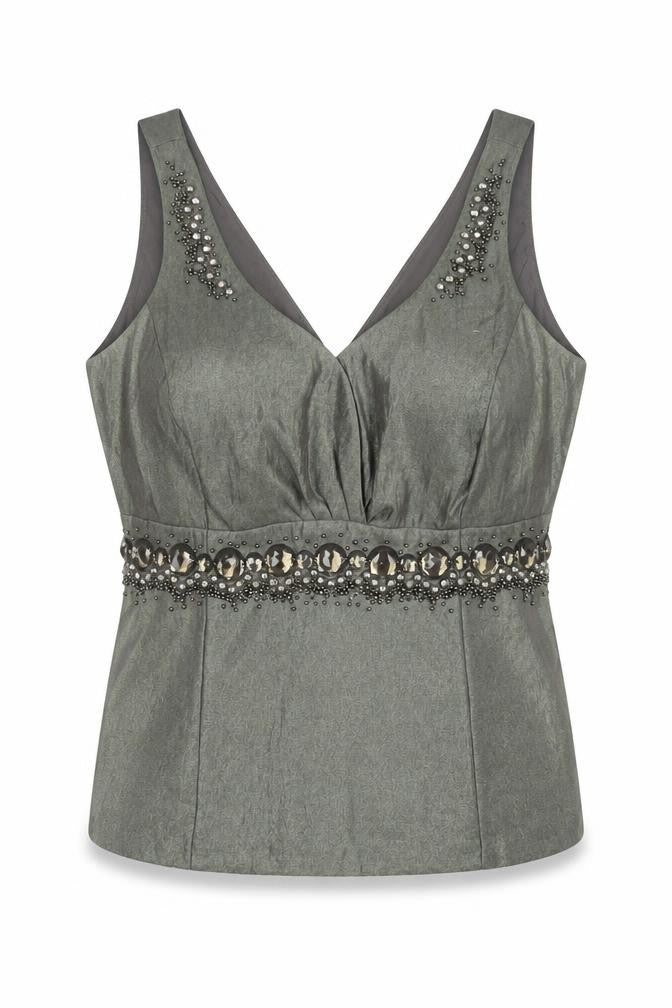 Front view of Next Women's Green Beaded Blouse, size 14, Sleeveless