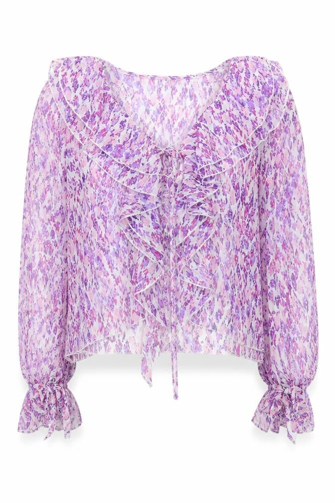 Front view of Quiz Women's Multicoloured Blouse, size 8, Ruffle Detail