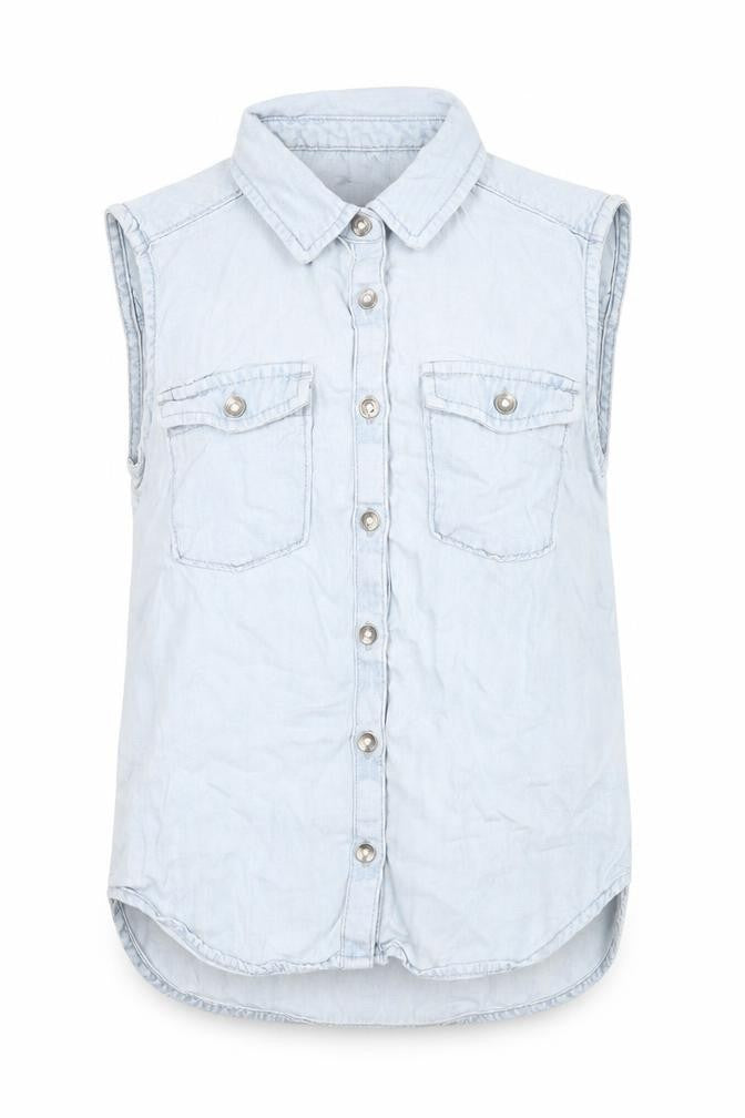 Front view of Gap girls’ blue button-up sleeveless shirt, size L