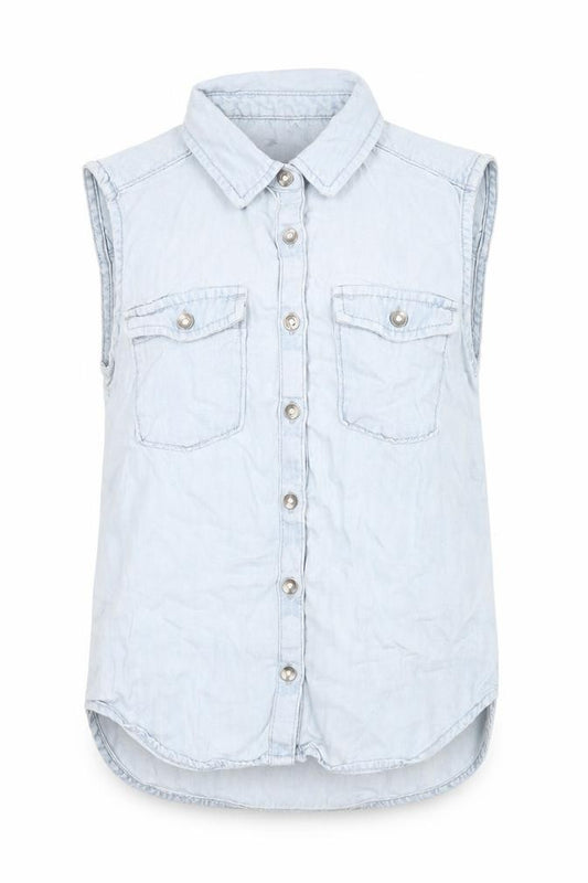 Front view of Gap girls’ blue button-up sleeveless shirt, size L