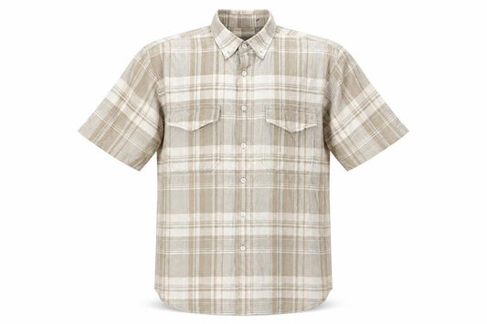 Front view of Banana Republic Men's Beige Plaid Button-Up Shirt S
