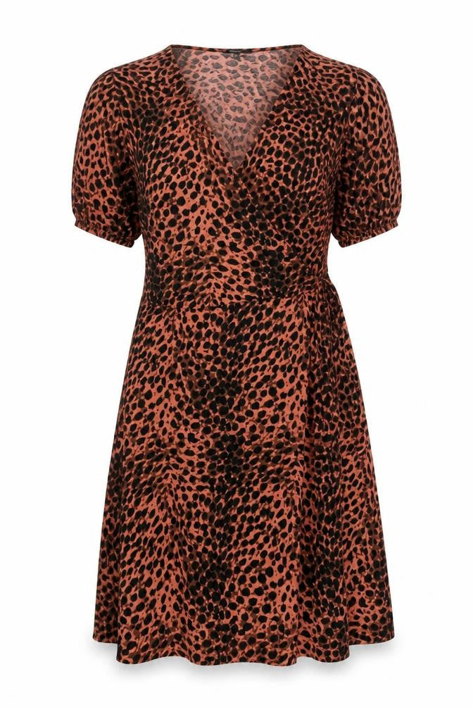 Front view of Next Women's Brown Animal Print Short Sleeve Dress