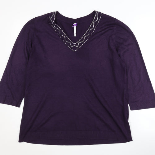 BHS Women's Purple V-Neck Beaded Pullover Jumper Size 18