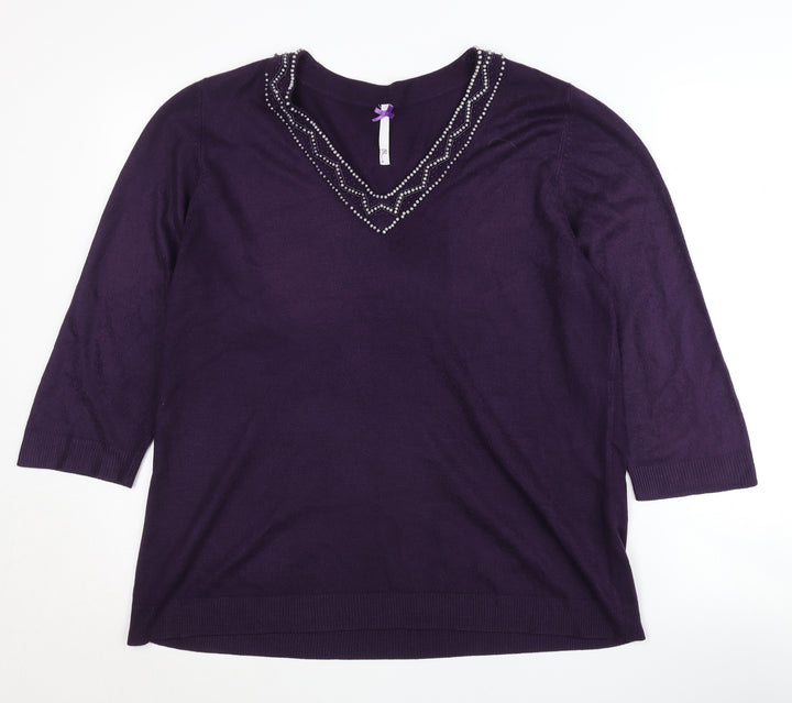BHS Women's Purple V-Neck Beaded Pullover Jumper Size 18