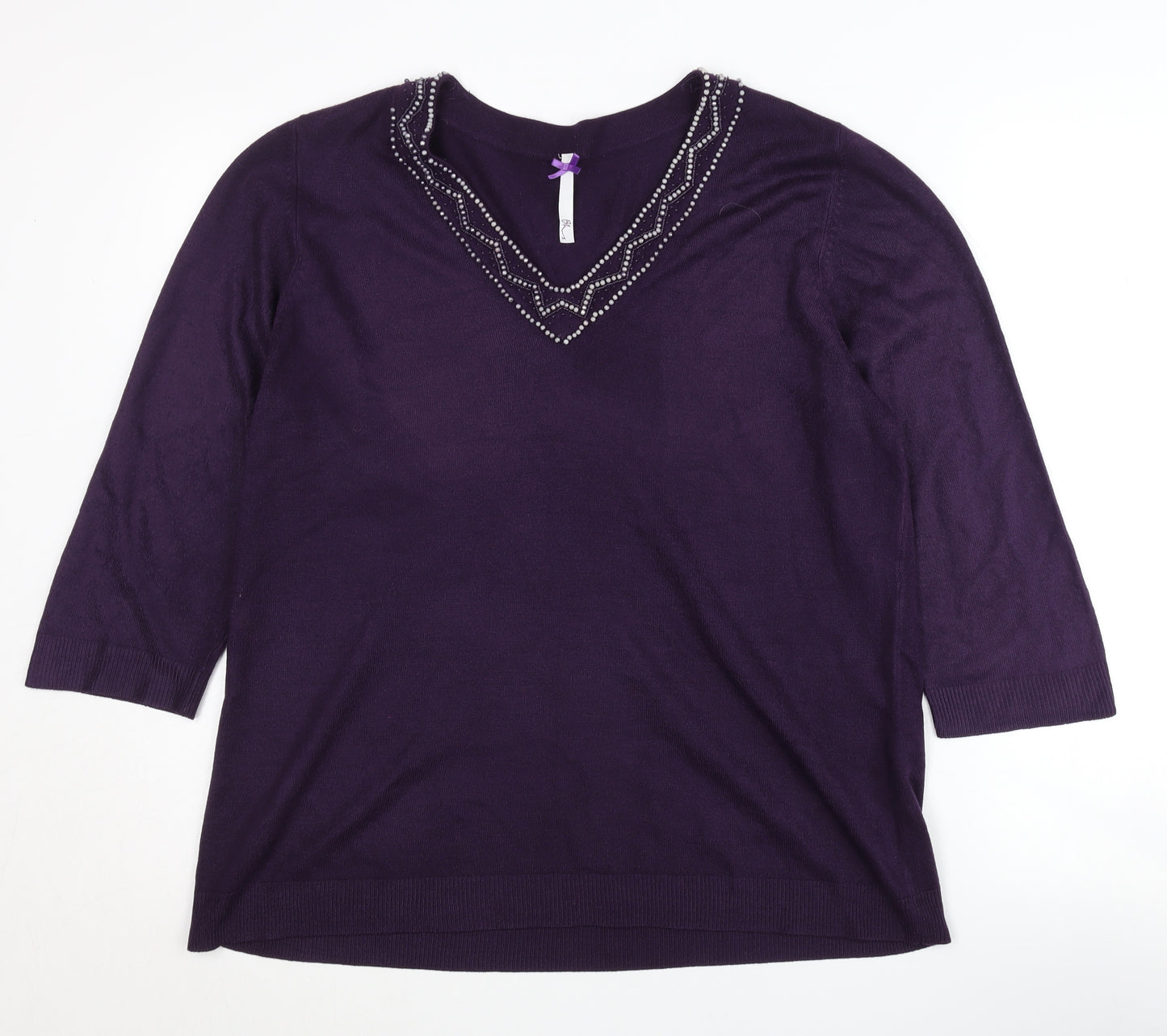 BHS Women's Purple V-Neck Beaded Pullover Jumper Size 18