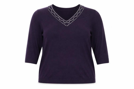 Front view of BHS Women's Purple V-Neck Beaded jumper, size 18