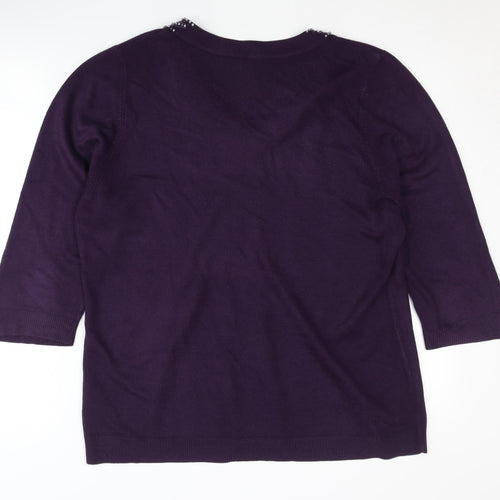 BHS Women's Purple V-Neck Beaded Pullover Jumper Size 18
