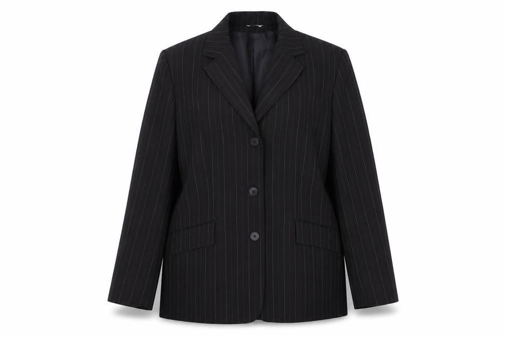 Front view of Klass Collection Women's Black Pinstripe Suit Jacket 18